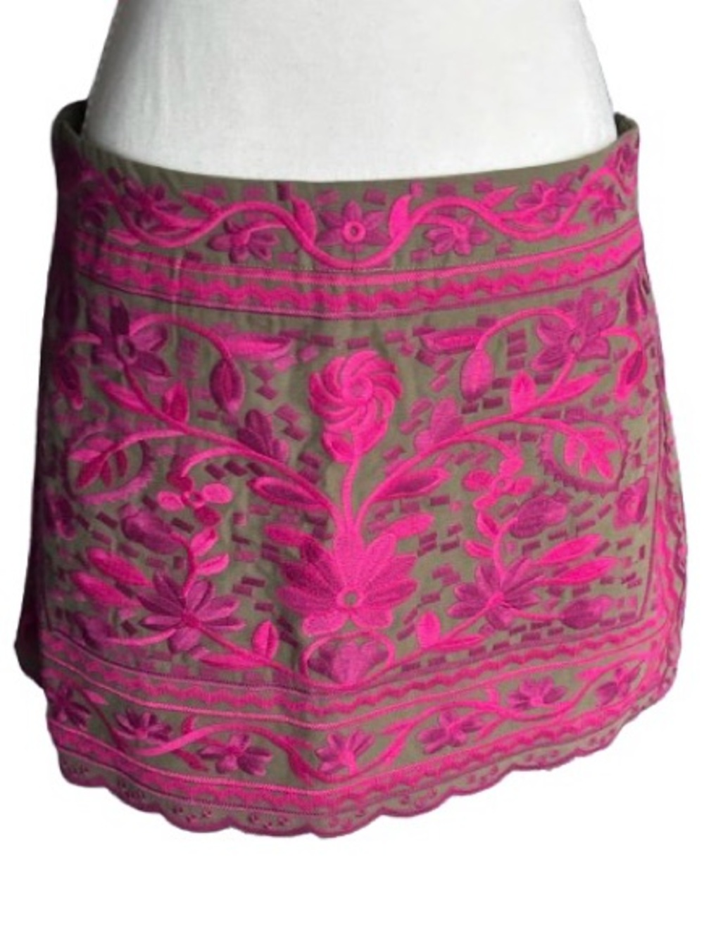 NWT J. MARIE Embroidered Floral Skirt Olive Green Fuchsia Boho Designer Cotton - Picture 10 of 16